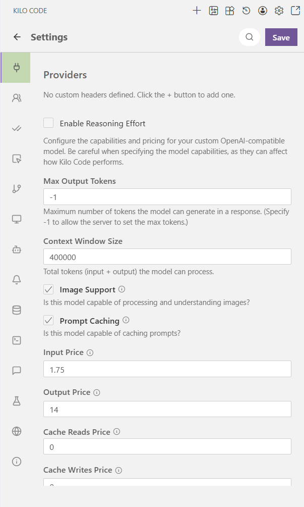 Kilo Code advanced settings