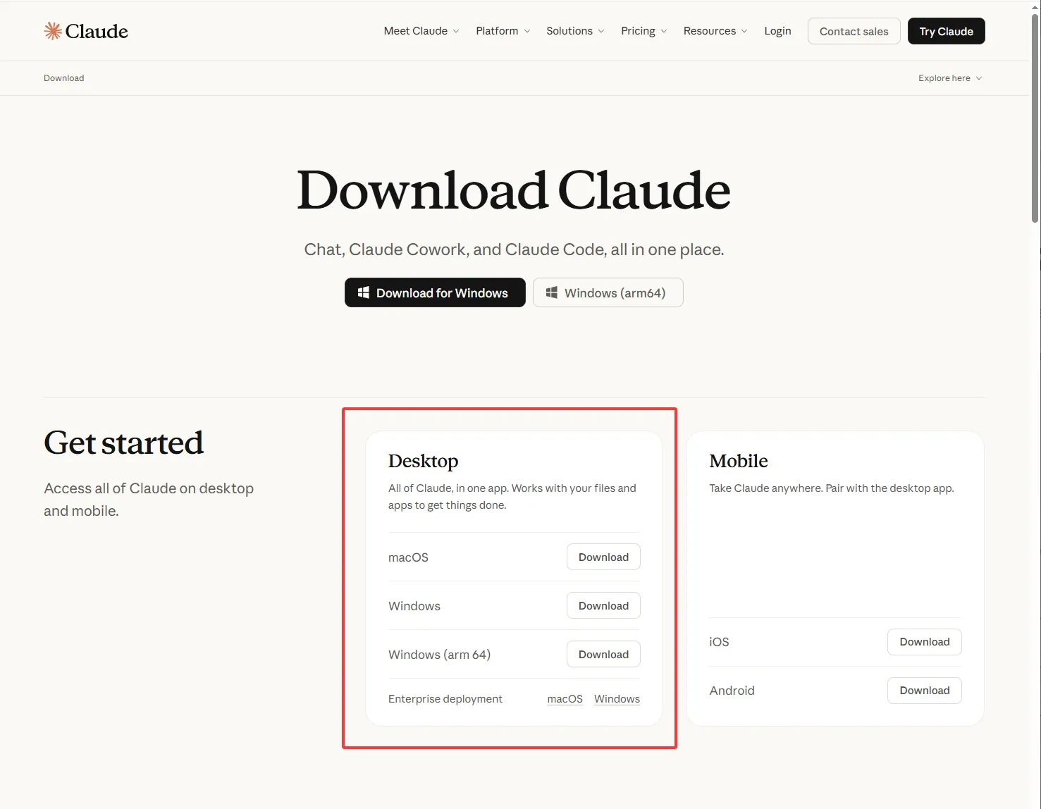 Claude Desktop download screen