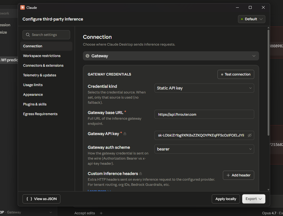Claude Desktop third-party inference screen with the FHRouter base URL, API key, and Apply locally button