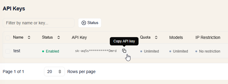 FHRouter API key page with the copy API key button before configuring Codex