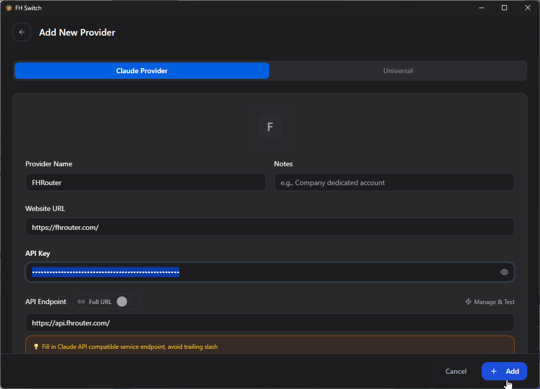 FH Switch Claude provider form filled for FHRouter