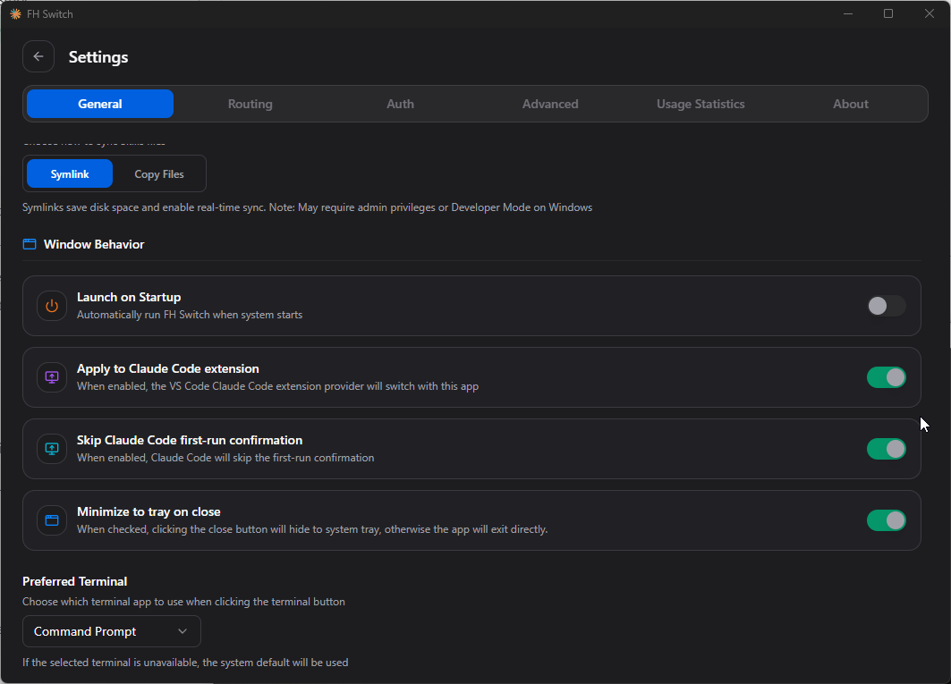 FH Switch general settings with the Claude Code extension and first-run confirmation toggles enabled