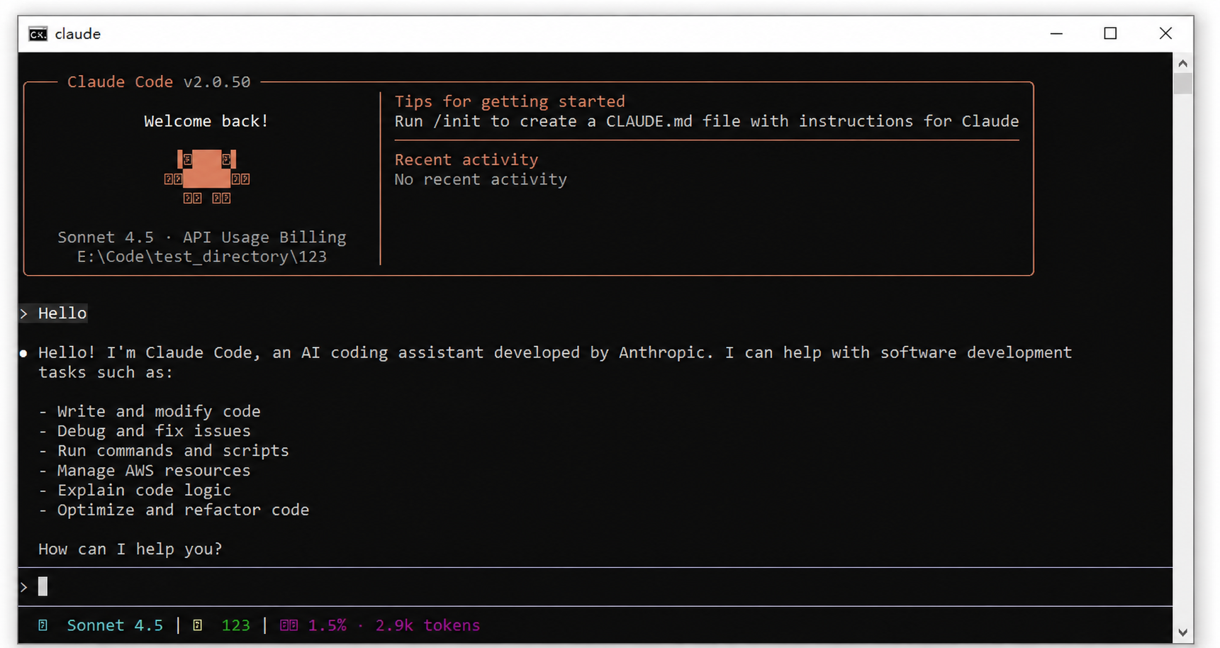 Claude Code terminal session after the FH Switch setup succeeds