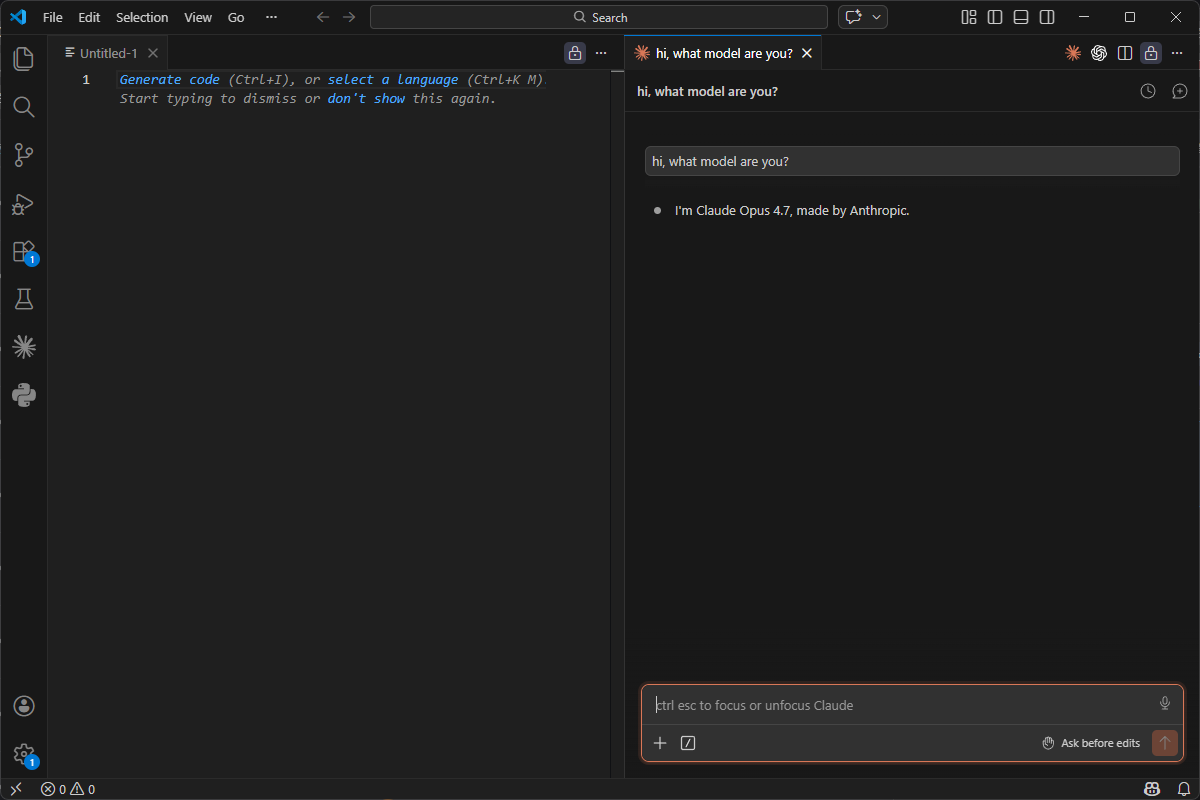 VS Code with the Claude extension open after FH Switch setup