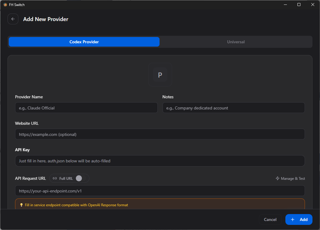 FH Switch Codex provider form before any FHRouter values are entered