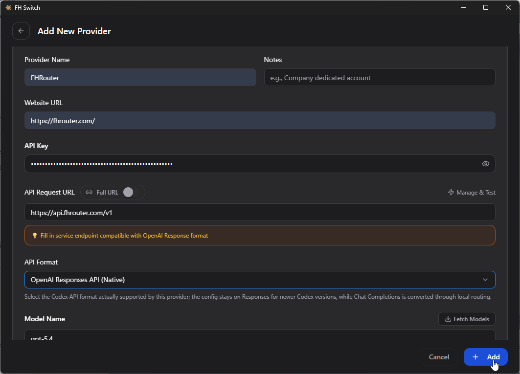 FH Switch Codex provider form filled for FHRouter