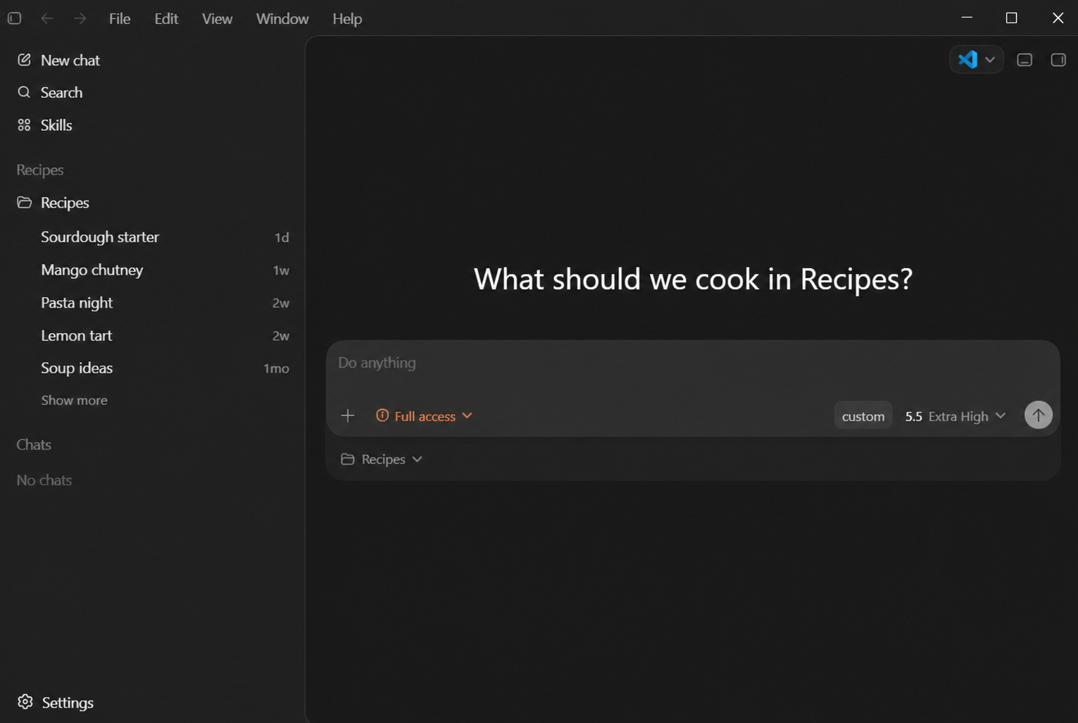 Codex App open and ready after FH Switch setup