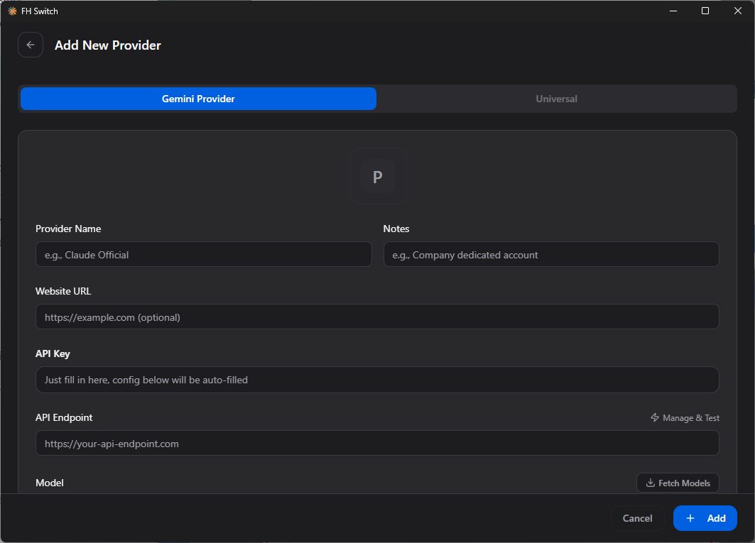 FH Switch Gemini provider form before any FHRouter values are entered