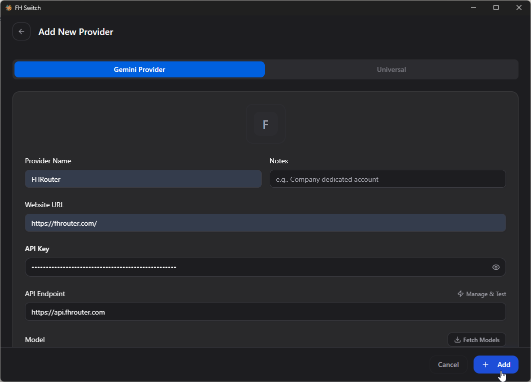 FH Switch Gemini provider form filled for FHRouter