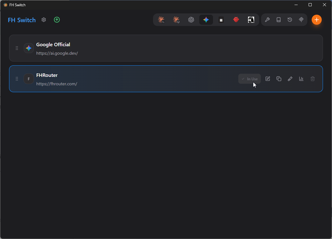 FH Switch Gemini provider list showing the FHRouter entry active
