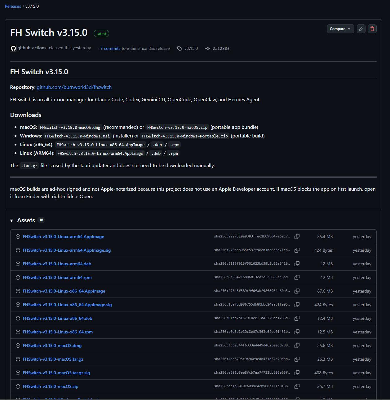 FH Switch GitHub releases page showing the available installer files