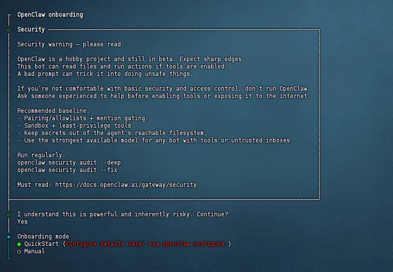 OpenClaw onboarding showing the QuickStart selection