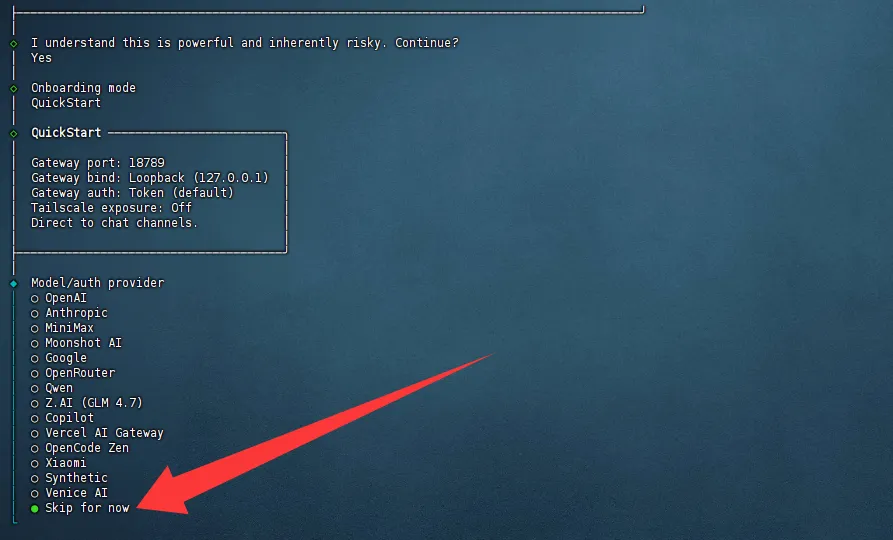 OpenClaw onboarding showing the Skip for now provider option