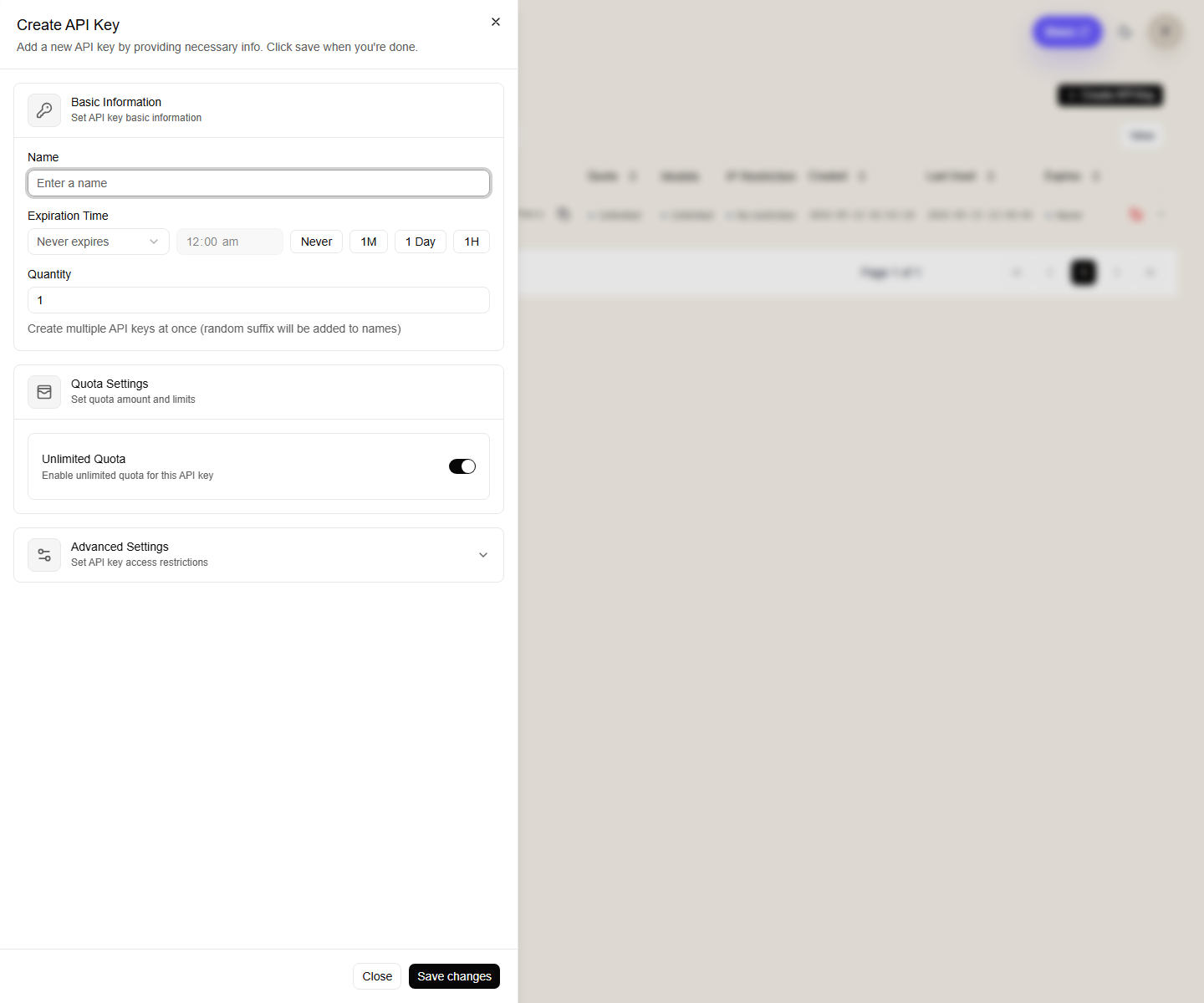 FHRouter Create API Key modal