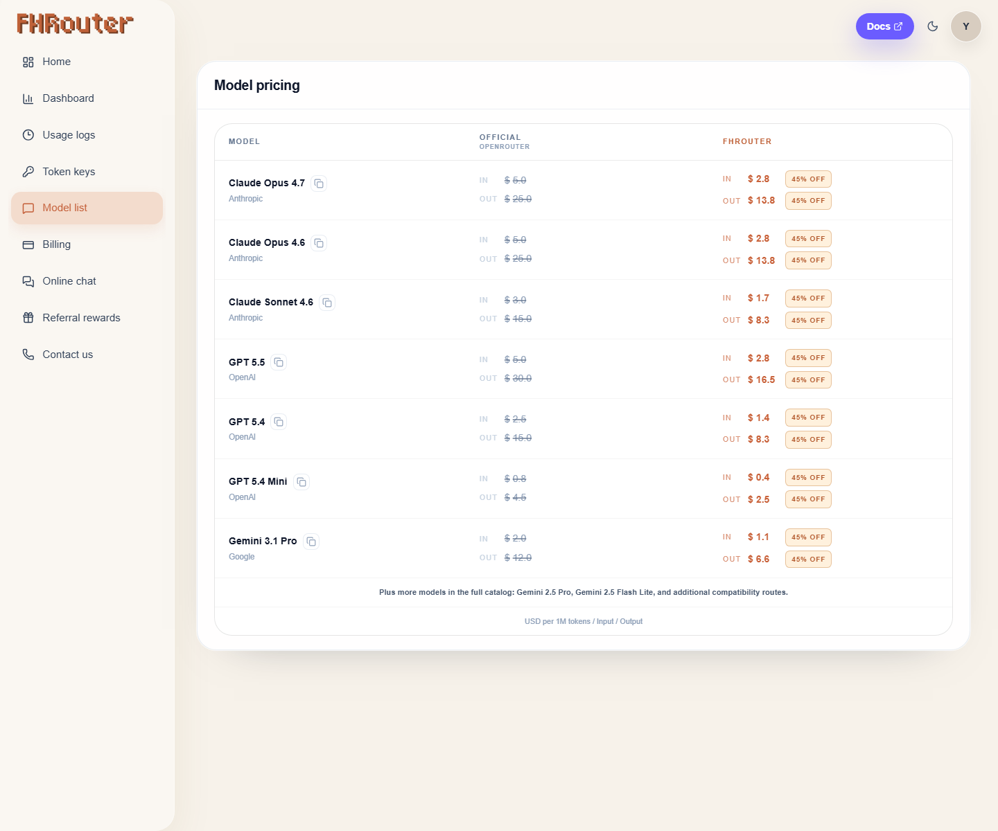 FHRouter model pricing and model list page