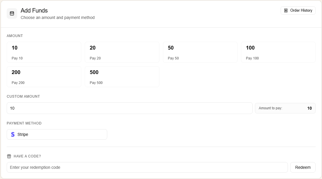 FHRouter billing page showing the Add Funds card
